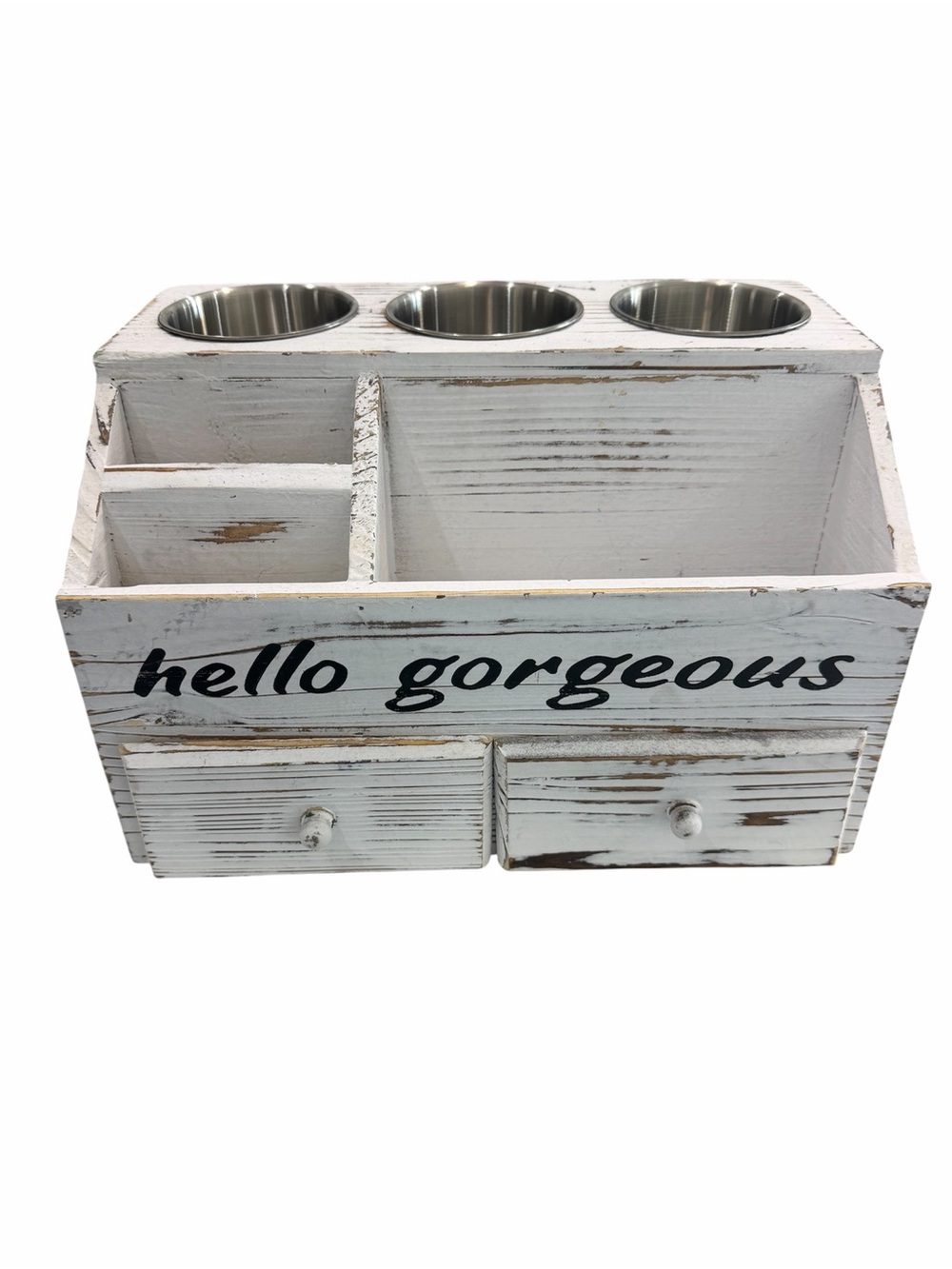 White 'Hello Gorgeous' Wooden Organizer with Stainless Cups
